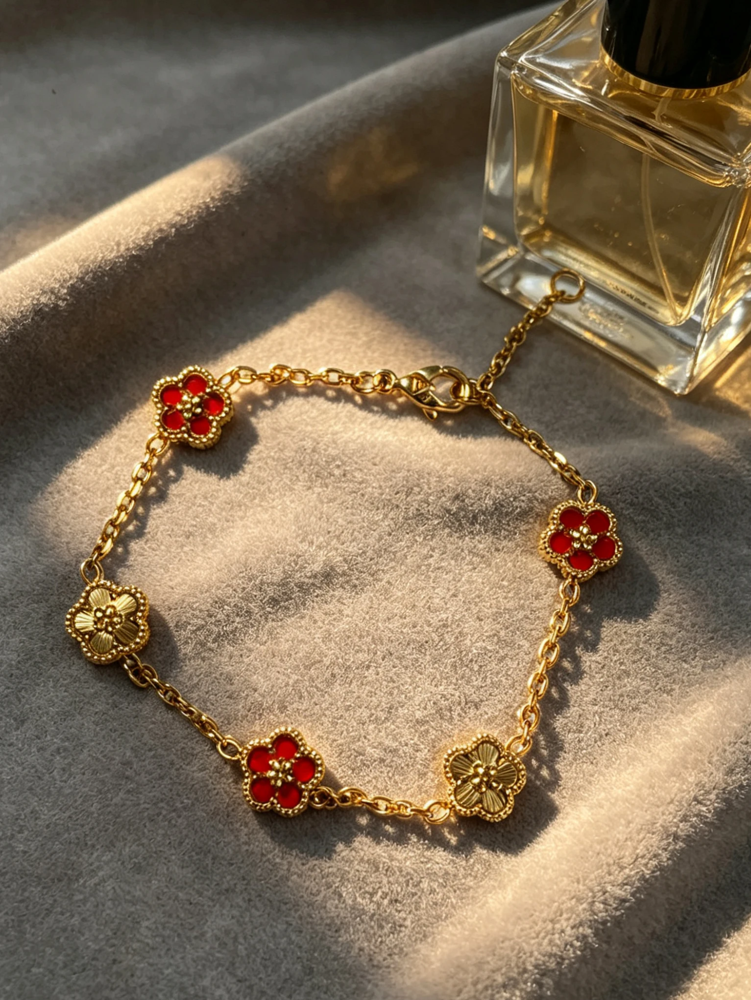 1pc 18K Gold Plated Double Sided Flower Charm Bracelet, Red Agate & Sunburst Texture Floral Adjustable Stainless Steel Chain, Vi
1pc 18K Gold Plated Double Sided Flower Charm Bracelet, Red Agate & Sunburst Texture Floral Adjustable Stainless Steel Chain, Vi