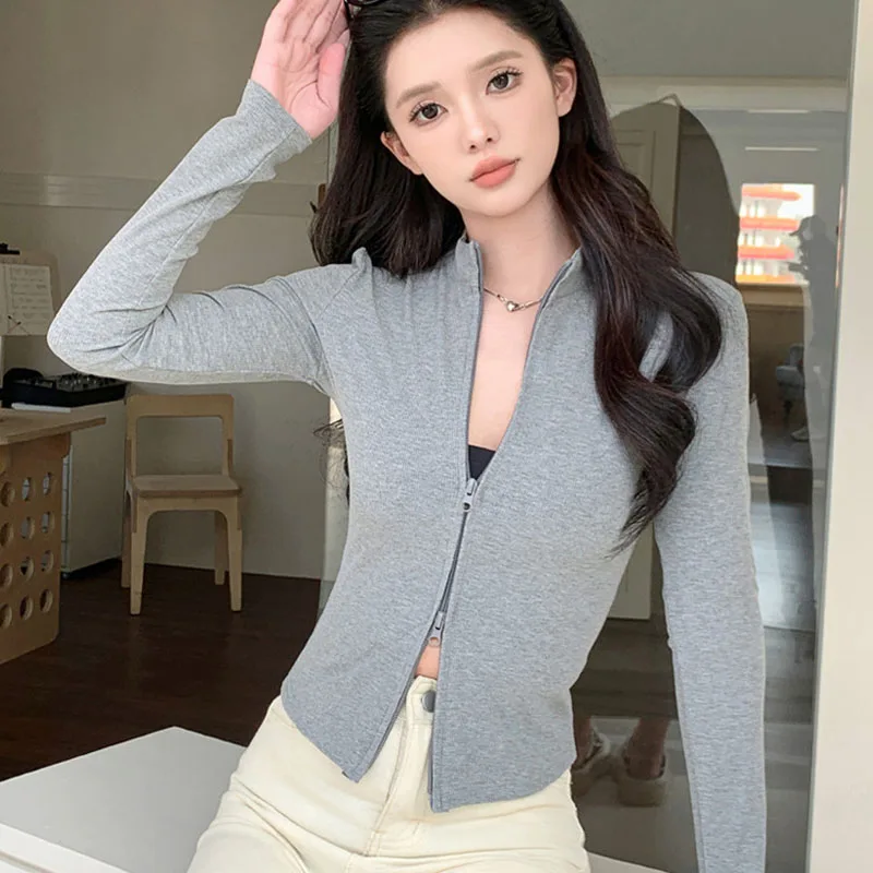 Fashion Double Zippers Ribbed Cardigans Women Korean Slim Fit Elastic Short Sweater Cardigan Woman Solid Stand Collar Knitwear
Fashion Double Zippers Ribbed Cardigans Women Korean Slim Fit Elastic Short Sweater Cardigan Woman Solid Stand Collar Knitwear