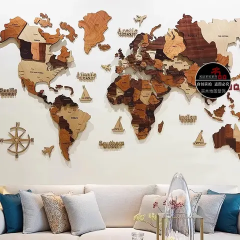 Solid wood world map travel nordic living room background wall decoration large decorative paintings office division school 3D t