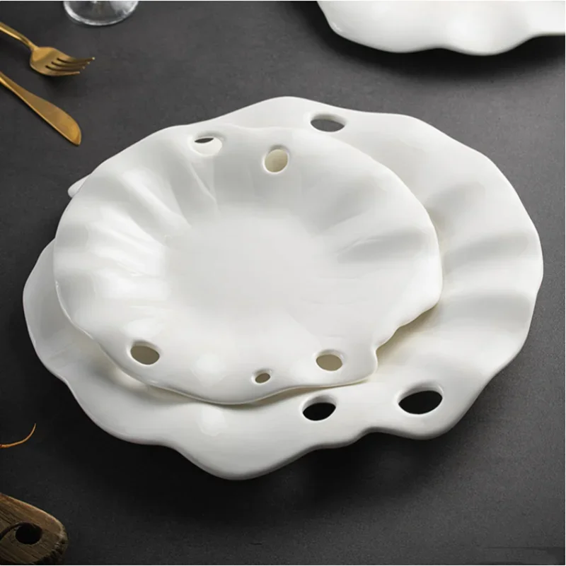 Openwork Irregular Dinner Plate Lotus Leaf Plate White Ceramic Dinner Set Plates and Dishes Specialty Restaurant Placing Dishes
Openwork Irregular Dinner Plate Lotus Leaf Plate White Ceramic Dinner Set Plates and Dishes Specialty Restaurant Placing Dishes