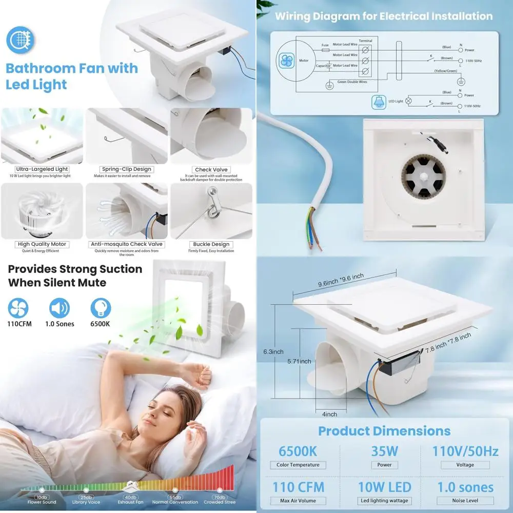 Silent 110 CM 4-Inch Square Shower Fan with Light, 1.0 Sones
Silent 110 CM 4-Inch Square Shower Fan with Light, 1.0 Sones