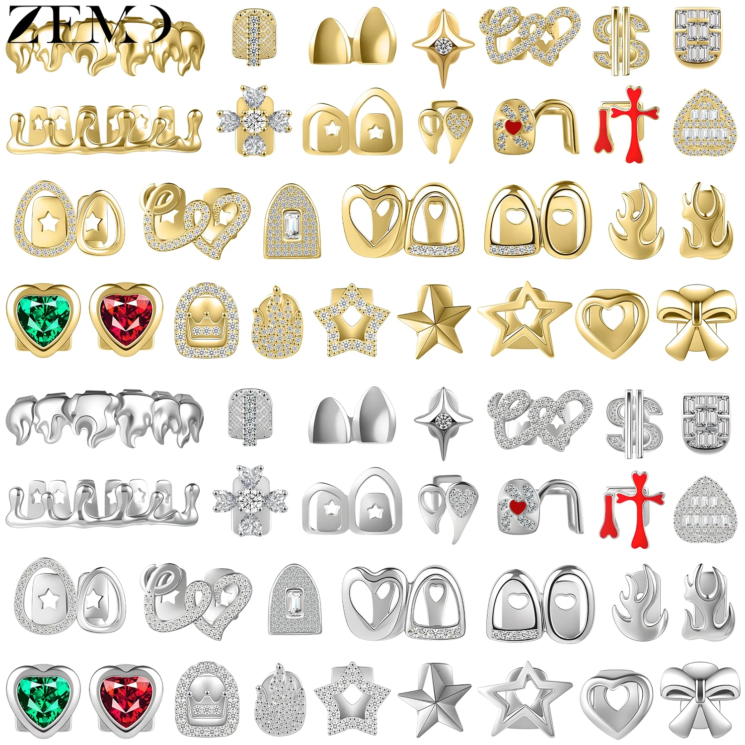 ZEMO 1-2pcs/lot Trendy Hip Hop Grillz Teeth Women Men CZ Crystal Top Bottom Tooth Cap Hollow Heart Cross Teeth Jewelry Accessory 
ZEMO 1-2pcs/lot Trendy Hip Hop Grillz Teeth Women Men CZ Crystal Top Bottom Tooth Cap Hollow Heart Cross Teeth Jewelry Accessory