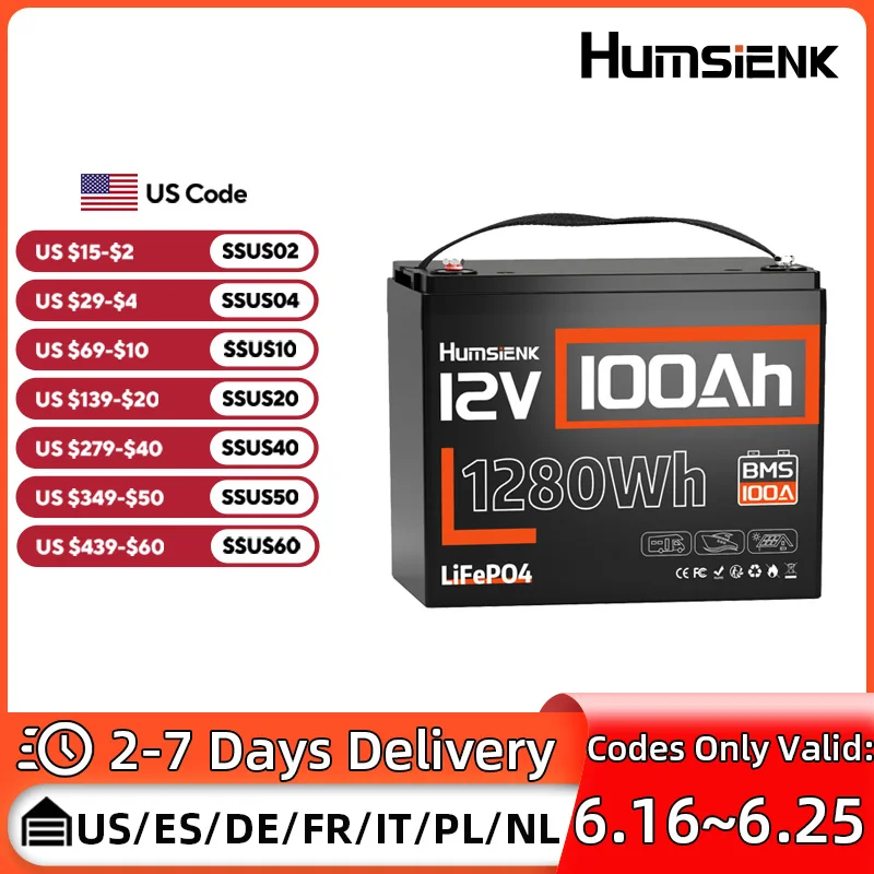 Humsienk 12V 100AH Lithium Iron Phosphate Battery Grade A+ Cells 100A BMS 15000+Cycles For RV Vans Golf Carts LiFePO4 Battery 
Humsienk 12V 100AH Lithium Iron Phosphate Battery Grade A+ Cells 100A BMS 15000+Cycles For RV Vans Golf Carts LiFePO4 Battery