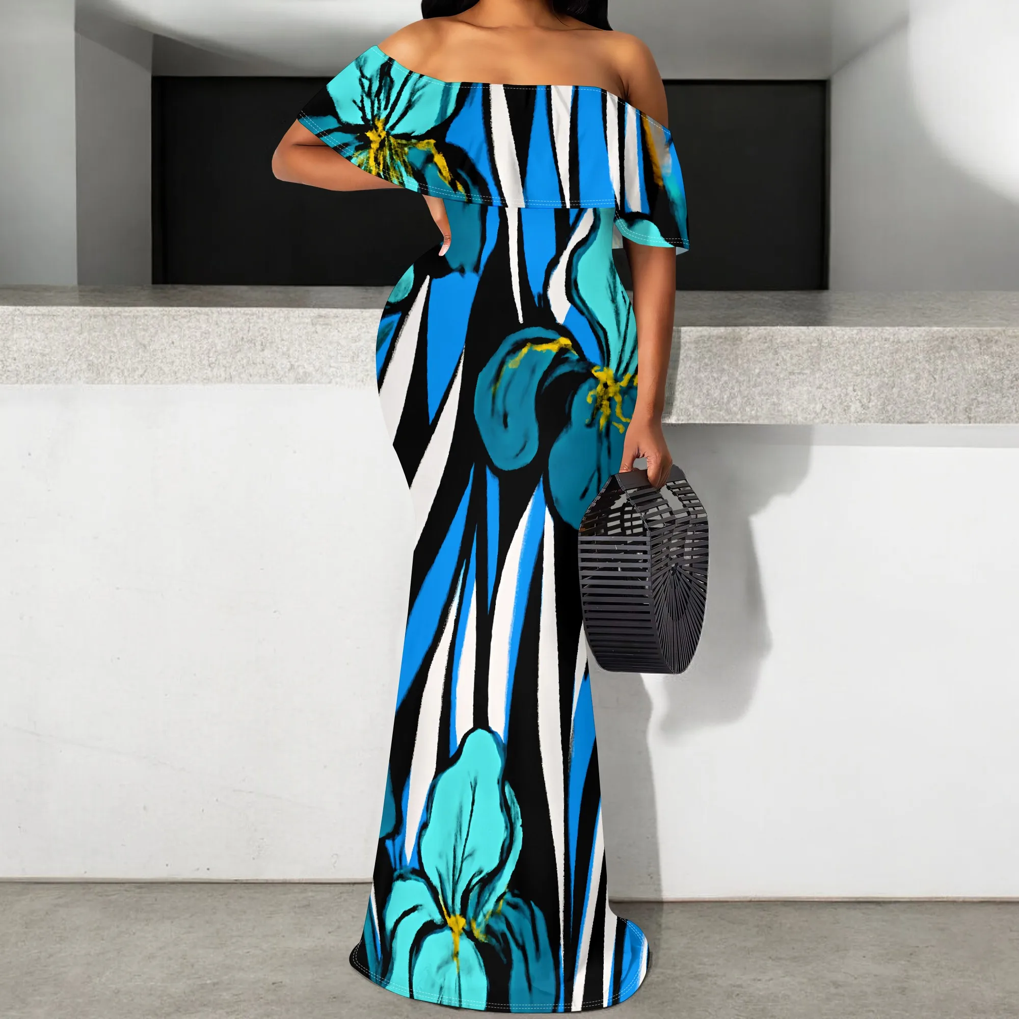 Striped Floral Print Off Shoulder Maxi Dress S-3XL Ruffle Sleeve Mermaid Style for Summer Party, Art Show or Resort Brunch
Striped Floral Print Off Shoulder Maxi Dress S-3XL Ruffle Sleeve Mermaid Style for Summer Party, Art Show or Resort Brunch