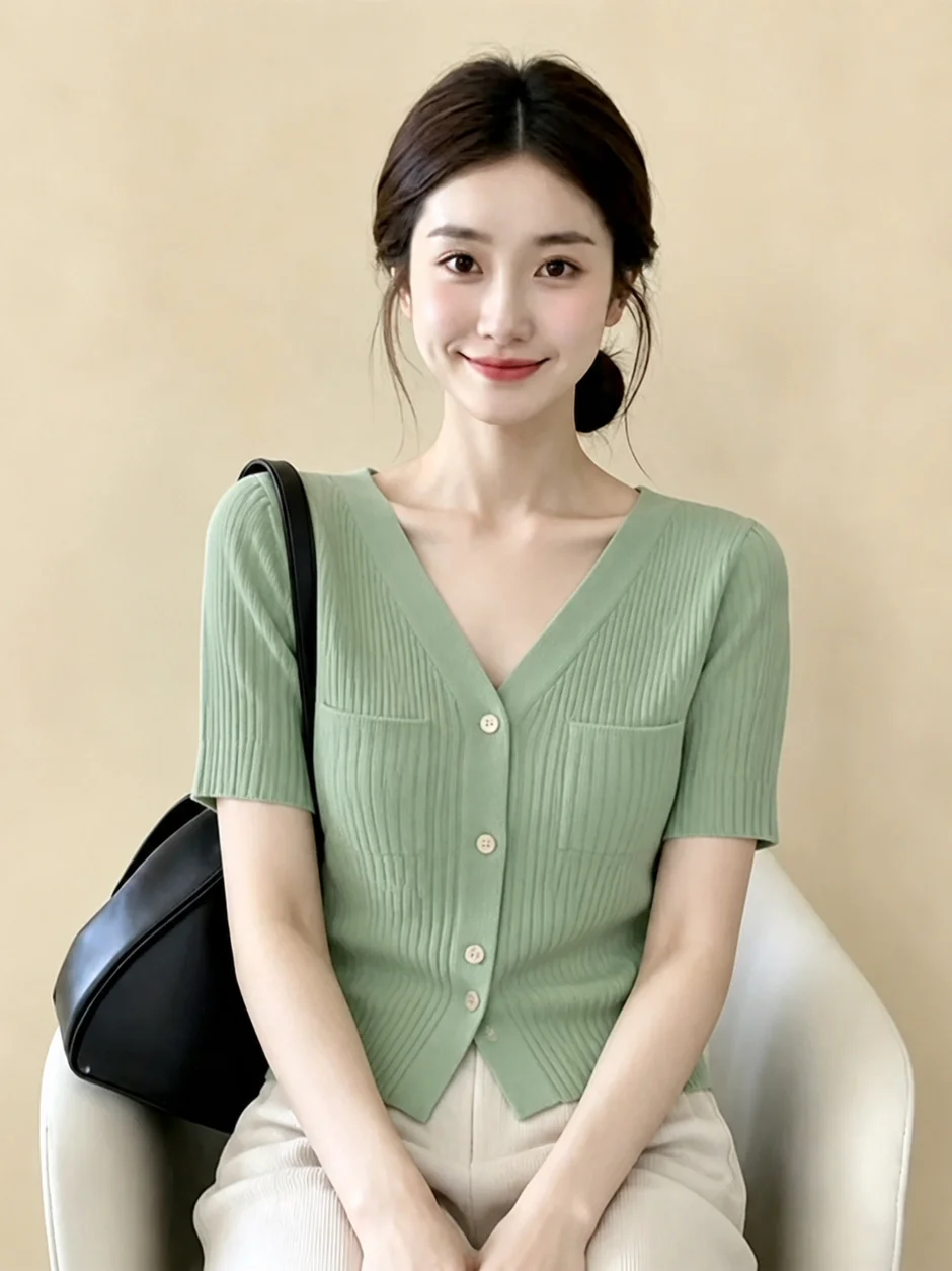 Korean Style Soft V-Neck Short Sleeve Knitted Sweater Women's Fashionable Versatile Summer Top Elegant Age-Defying
Korean Style Soft V-Neck Short Sleeve Knitted Sweater Women's Fashionable Versatile Summer Top Elegant Age-Defying
