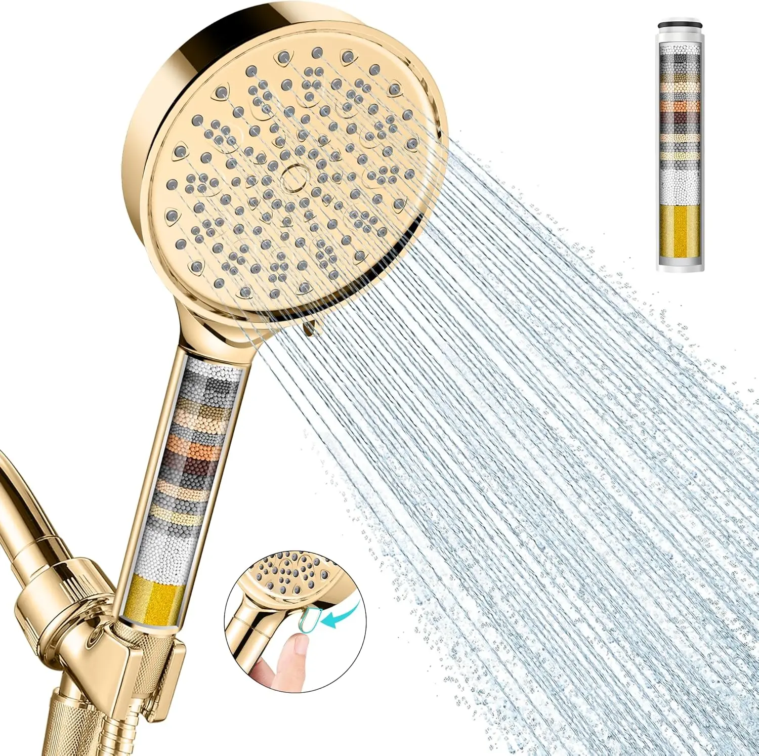 High Pressure Filtered Shower Head with Handheld, 6 Spray Modes, Removes Chlorine for Soft Skin - Egyptian Gold Finish
High Pressure Filtered Shower Head with Handheld, 6 Spray Modes, Removes Chlorine for Soft Skin - Egyptian Gold Finish