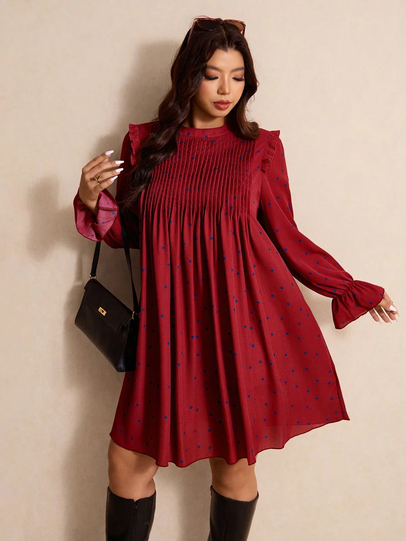 Elegant Polka Dot Ruffle Pleated A-Line Dress For Women
Elegant Polka Dot Ruffle Pleated A-Line Dress For Women