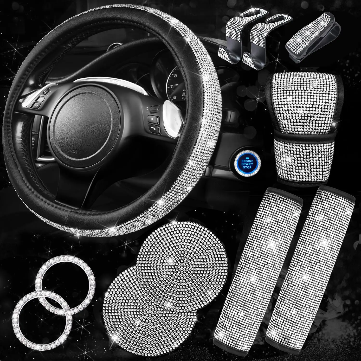 Sparkly Diamond Car Accessories Set for Women: Steering Wheel Cover, Seat Belt Cushion, Shift Knob, Cup Holder Coaster in Silver
Sparkly Diamond Car Accessories Set for Women: Steering Wheel Cover, Seat Belt Cushion, Shift Knob, Cup Holder Coaster in Silver