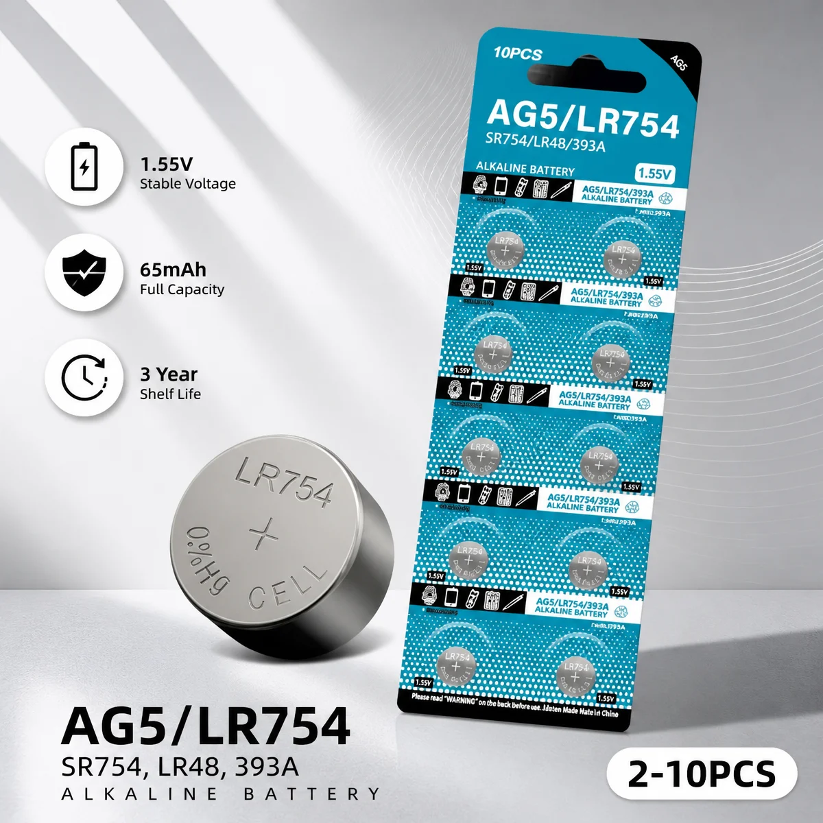 Alkaline Button Coin Cell Battery AG5 LR754 1.55V 2-10PCS, 193 393 SR754 L754 LR48 SR754SW For Watch Toys Clock Stable Power
Alkaline Button Coin Cell Battery AG5 LR754 1.55V 2-10PCS, 193 393 SR754 L754 LR48 SR754SW For Watch Toys Clock Stable Power