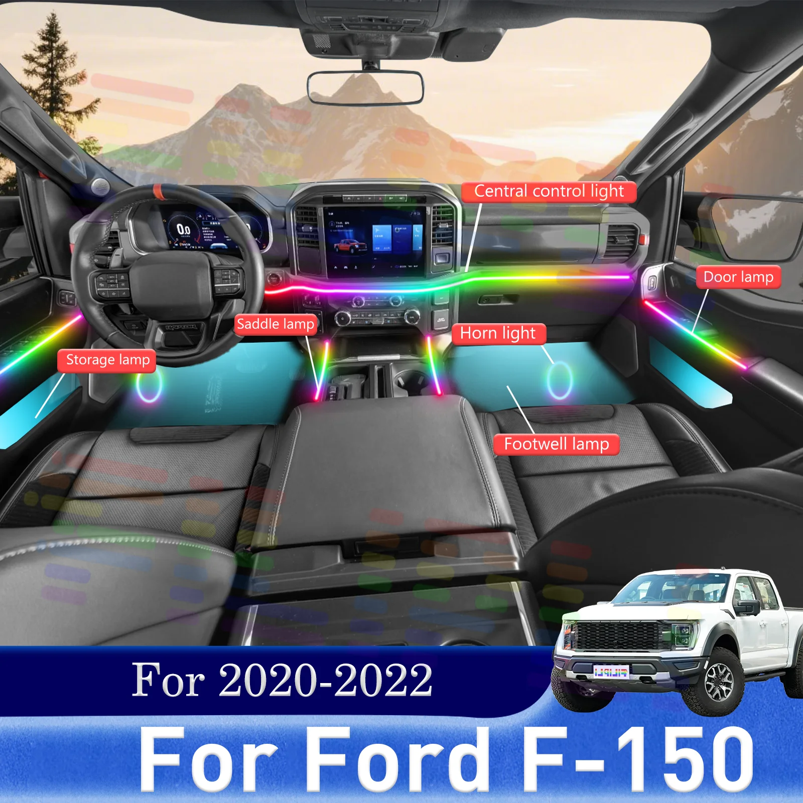 Для Ford F-150 салон автомобиля окружающее освещение RGB 64-цветный светодиодный быстросъемный монтажный комплект для 2020-2022 гг.
Для Ford F-150 салон автомобиля окружающее освещение RGB 64-цветный светодиодный быстросъемный монтажный комплект для 2020-2022 гг.