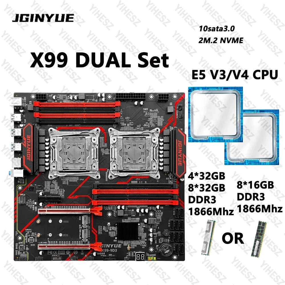 JGINYUE X99 Комплект материнской платы с двумя процессорами LGA 2011-3 E5 V3 V4 Процессор 4*32 ГБ 8*16 ГБ/32 ГБ памяти DDR3 Восемь каналов Двойной процессор X99-9D3
JGINYUE X99 Комплект материнской платы с двумя процессорами LGA 2011-3 E5 V3 V4 Процессор 4*32 ГБ 8*16 ГБ/32 ГБ памяти DDR3 Восемь каналов Двойной процессор X99-9D3