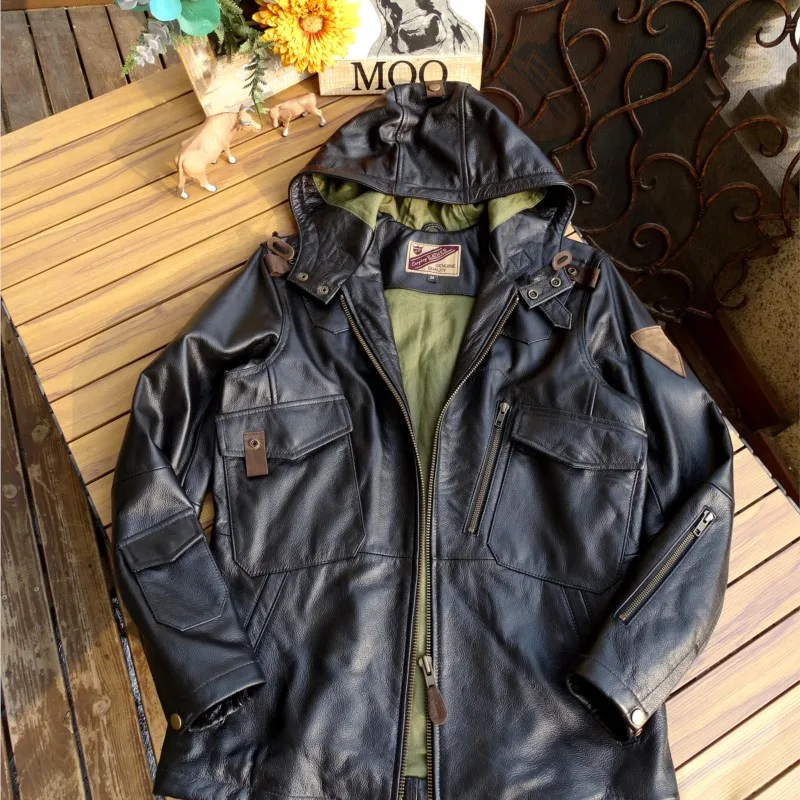 Casual nine-pocket hooded top layer cowhide leather coat
Casual nine-pocket hooded top layer cowhide leather coat