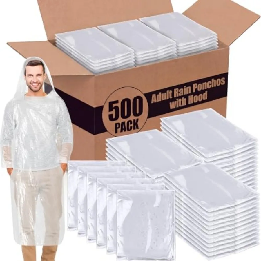 500 Pack of Adult Rain Ponchos with Hood Bulk Disposable Plastic Ponchos Emergency Raincoat for Men Women Homeless
500 Pack of Adult Rain Ponchos with Hood Bulk Disposable Plastic Ponchos Emergency Raincoat for Men Women Homeless