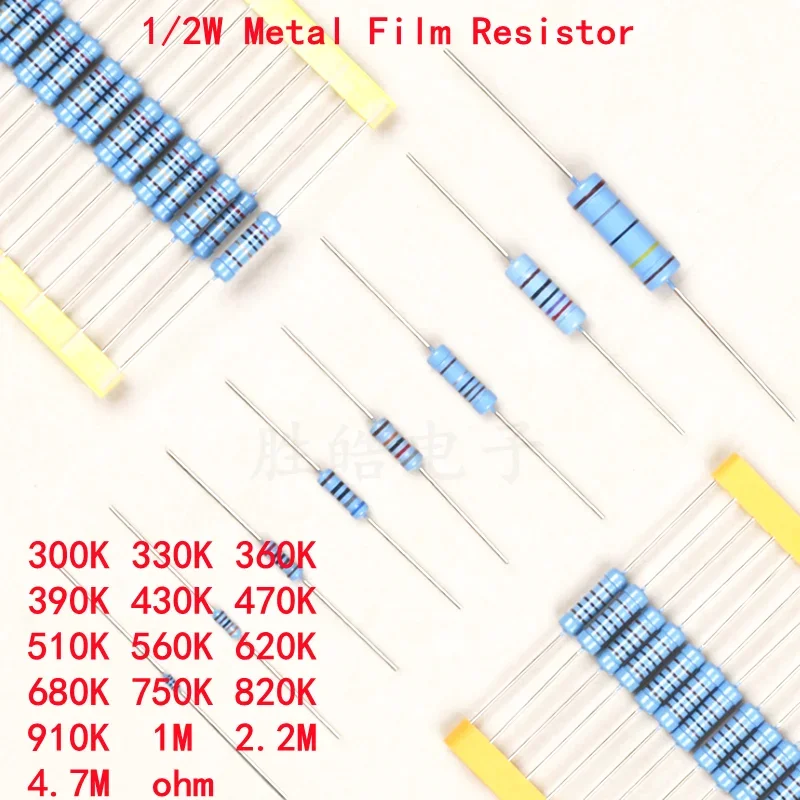 50pcs 1/2W Metal Film Resistor 1% 300K 330K 360K 390K 430K 470K 510K 560K 620K 680K 750K 820K 910K 1M 2.2M 4.7M Ohm
50pcs 1/2W Metal Film Resistor 1% 300K 330K 360K 390K 430K 470K 510K 560K 620K 680K 750K 820K 910K 1M 2.2M 4.7M Ohm