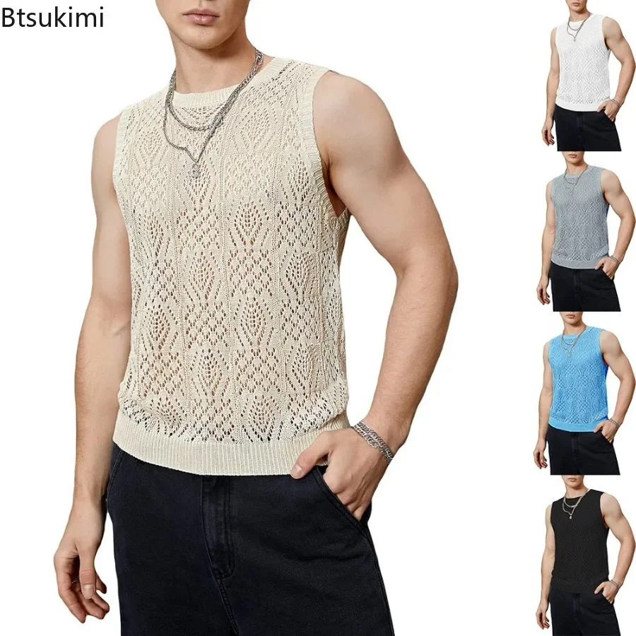 2025 Fashion Hollow Out Knitted Vests Men's Summer O-neck Patchwork Sleeveless Tops Men Casual Solid Tank Tops Trend Streetwear
2025 Fashion Hollow Out Knitted Vests Men's Summer O-neck Patchwork Sleeveless Tops Men Casual Solid Tank Tops Trend Streetwear