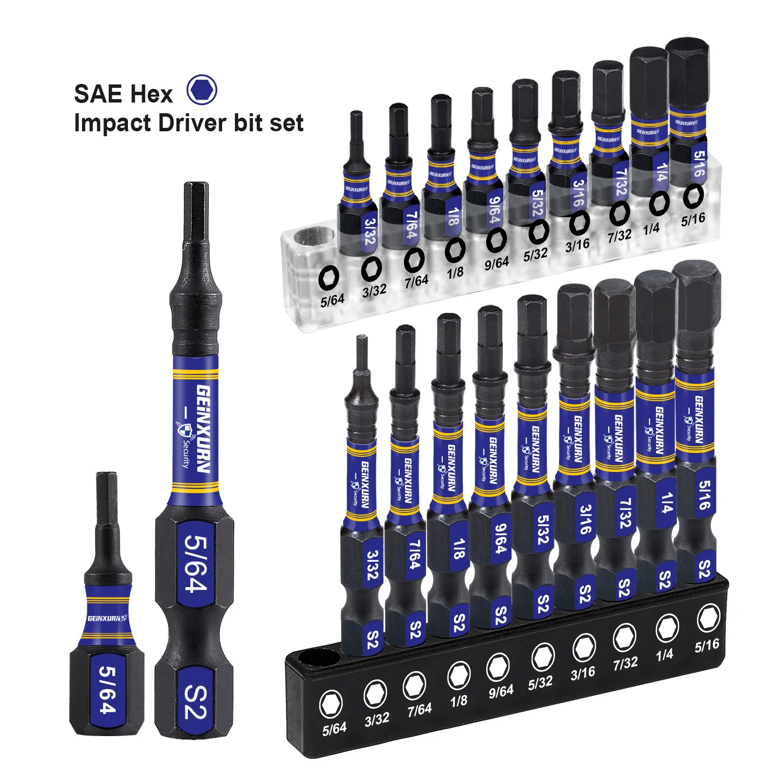Geinxurn 1 /2 inches SAE Hex Head Impact Tough Magnetic Bits Set, S2 Steel Hex Screwdriver Bit set with 3in Bit Holder and Base
Geinxurn 1 /2 inches SAE Hex Head Impact Tough Magnetic Bits Set, S2 Steel Hex Screwdriver Bit set with 3in Bit Holder and Base
