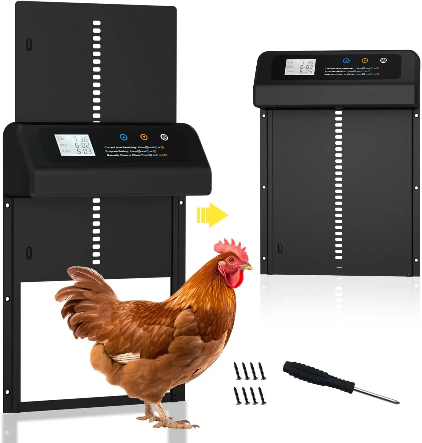 Automatic chicken coop door, available in solar or battery versions, with timer, perfect for farm use
Automatic chicken coop door, available in solar or battery versions, with timer, perfect for farm use