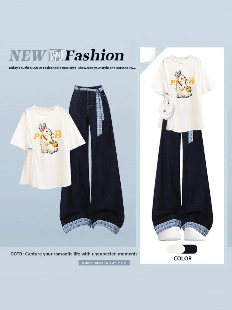 Anti-Aging Cartoon Pattern Loose round Neck T-Shirt Women's Plaid Splicing Jeans Two-Piece Set Summer Elegant Outfit
Anti-Aging Cartoon Pattern Loose round Neck T-Shirt Women's Plaid Splicing Jeans Two-Piece Set Summer Elegant Outfit