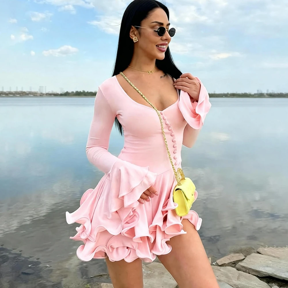 Tuularose Fashion Ruffle Short Dress Sexy V Neck Long Sleeve Pleated Pink A-Line Dress Summer Y2k Party Looks New Women Dresses
Tuularose Fashion Ruffle Short Dress Sexy V Neck Long Sleeve Pleated Pink A-Line Dress Summer Y2k Party Looks New Women Dresses