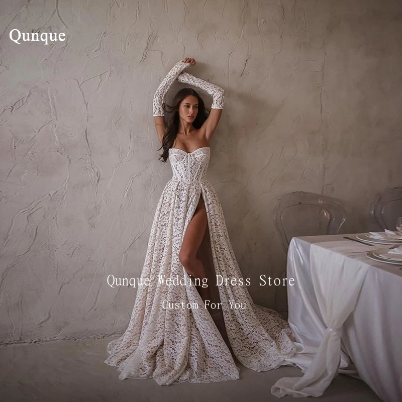 Qunque Bohemian Lace Appliques Wedding Dress Detachable Sleeves Slit Vestidos De Novia Floor Length Robe De Mariée Customized
Qunque Bohemian Lace Appliques Wedding Dress Detachable Sleeves Slit Vestidos De Novia Floor Length Robe De Mariée Customized