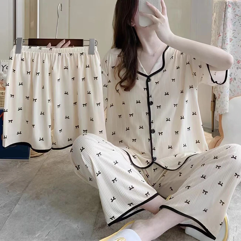 Women Sweet Cute Printed Pajamas Short Sleeves Shorts Long Pants Three-piece Set Flirty Casuals Camis Top And Shorts Sets
Women Sweet Cute Printed Pajamas Short Sleeves Shorts Long Pants Three-piece Set Flirty Casuals Camis Top And Shorts Sets
