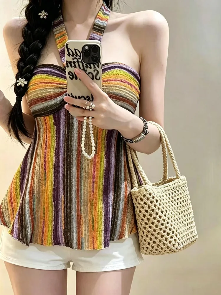 Summer Outfit Women's Strapless Vest Stripes Neck Hanging Tube Top Sleeveless Fashionable Backless Knitted Top
Summer Outfit Women's Strapless Vest Stripes Neck Hanging Tube Top Sleeveless Fashionable Backless Knitted Top