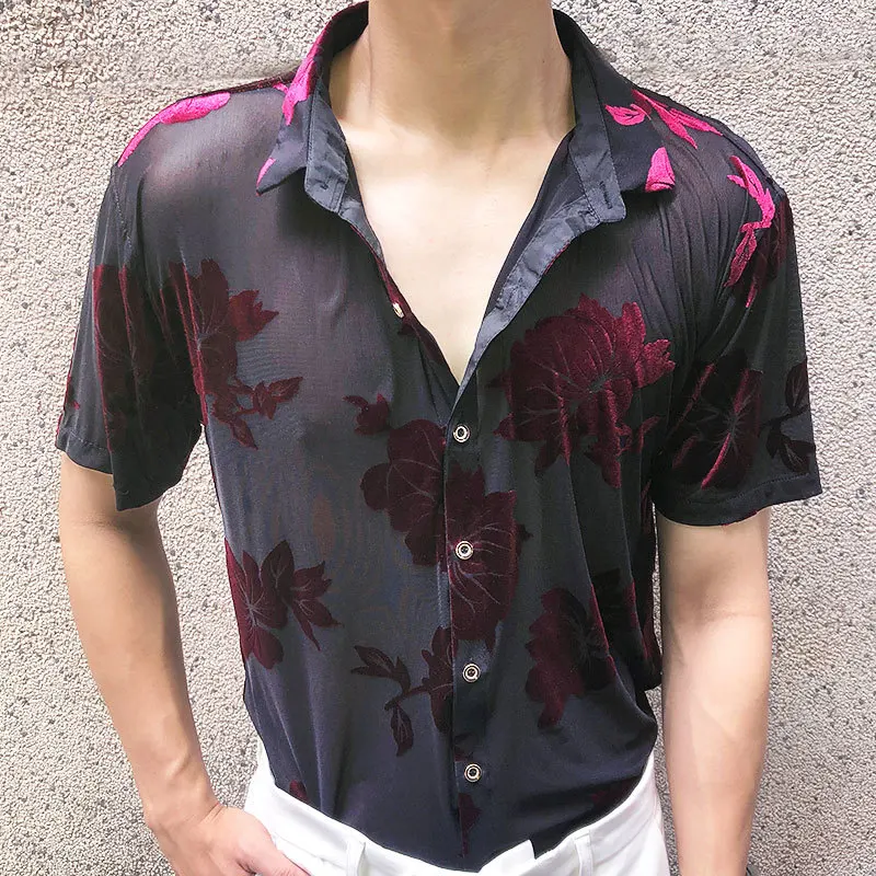 2023 Men Transparent Short Sleeve Sexy Shirt Red Top Blouse Social Club Outfits Party Designer Shirt Fashion Velvet Flower Shirt
2023 Men Transparent Short Sleeve Sexy Shirt Red Top Blouse Social Club Outfits Party Designer Shirt Fashion Velvet Flower Shirt