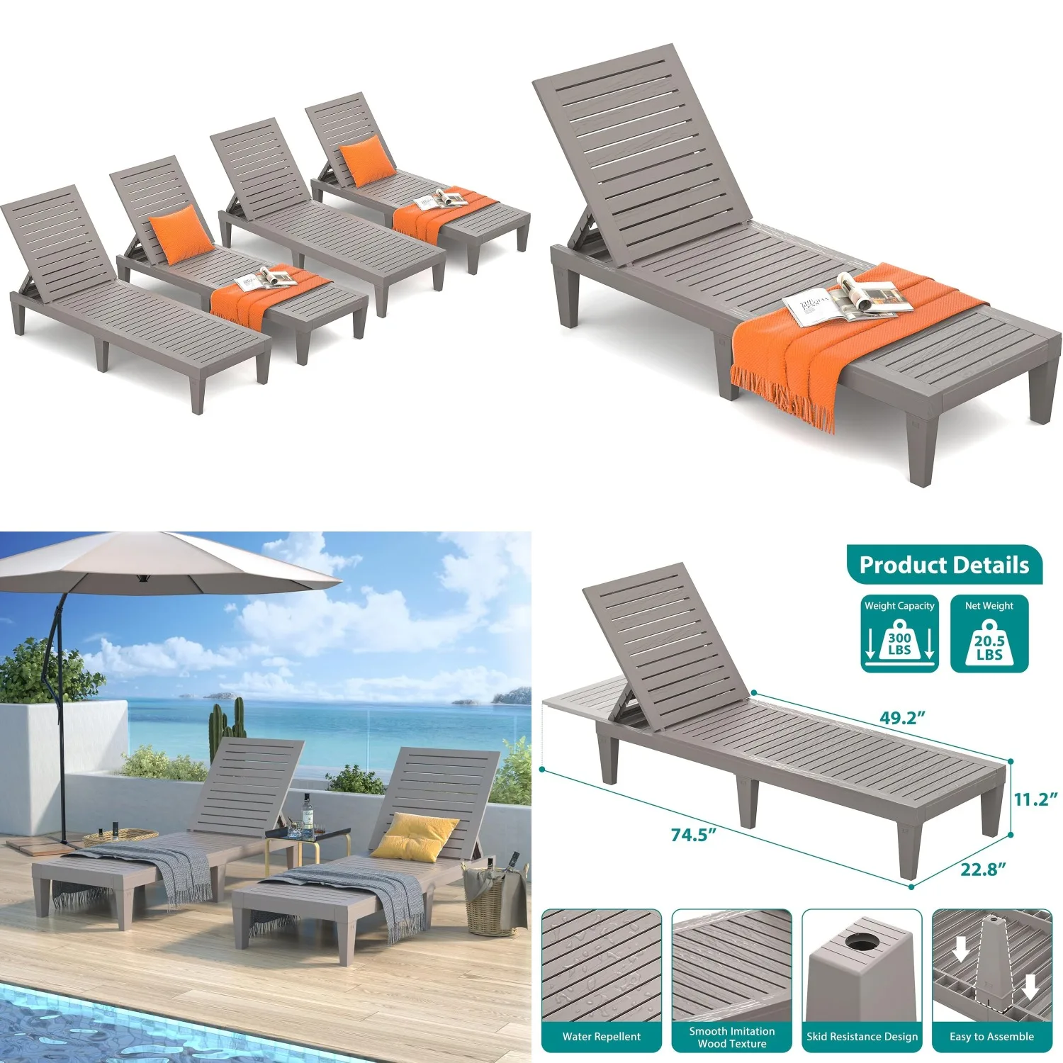 Weather-Resistant Adjustable Reclining Chaise Lounge Chair for Pool Patio Deck Beach Taupe, Customized
Weather-Resistant Adjustable Reclining Chaise Lounge Chair for Pool Patio Deck Beach Taupe, Customized