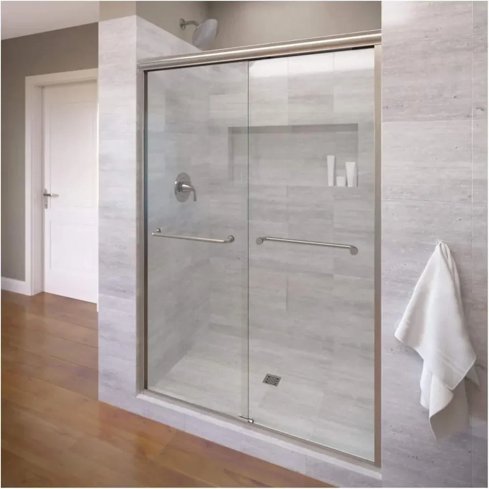 basco infinity semi-frameless sliding shower door, fits 44- 47 inch opening, clear glass, brushed nickel finish
basco infinity semi-frameless sliding shower door, fits 44- 47 inch opening, clear glass, brushed nickel finish