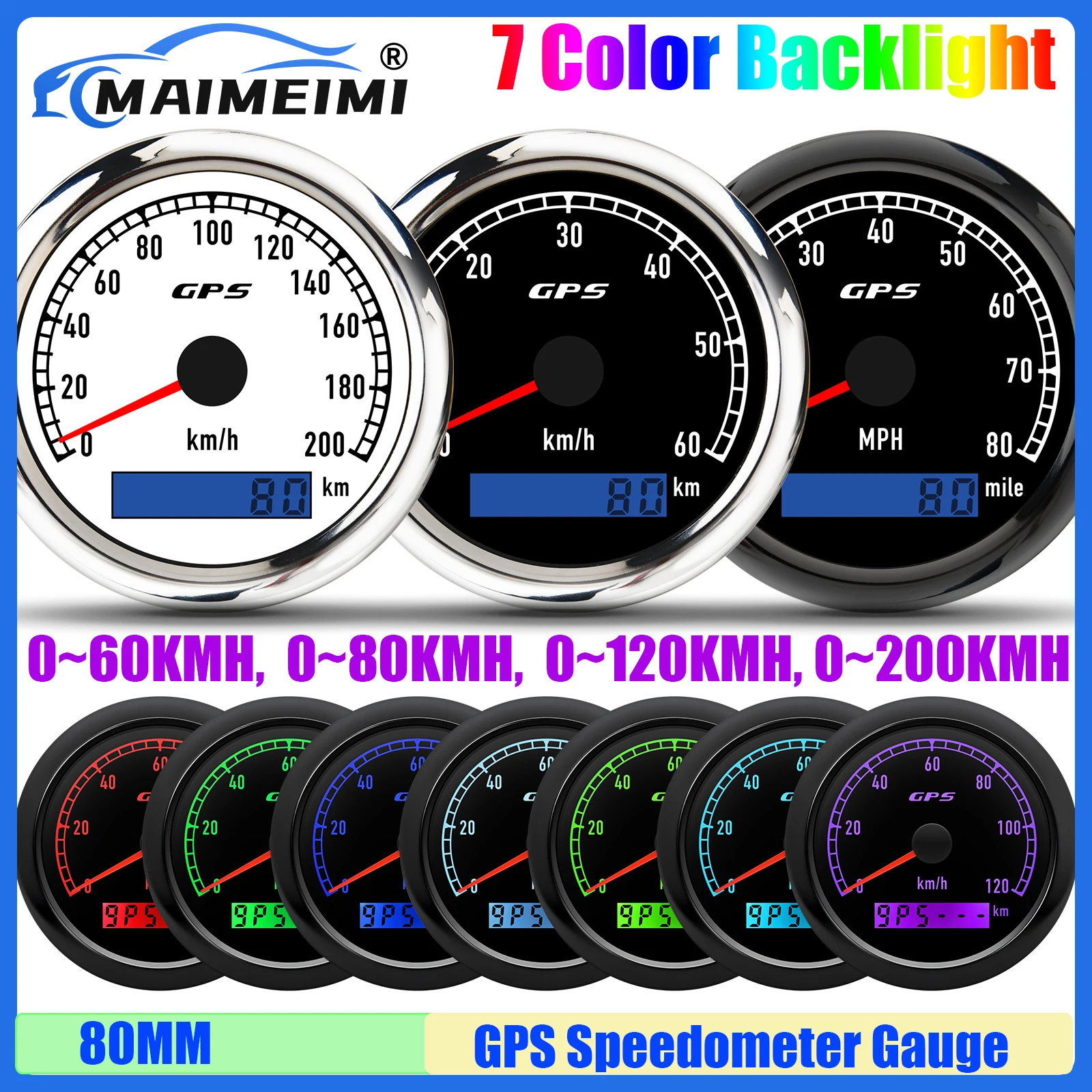 7 Color Backlight 80MM GPS Speedometer Gauge with Antenna for Marine Boat Yacht Auto Car RV 0-60KMH,0-80KMH,0-120KMH,0-200KMH
7 Color Backlight 80MM GPS Speedometer Gauge with Antenna for Marine Boat Yacht Auto Car RV 0-60KMH,0-80KMH,0-120KMH,0-200KMH
