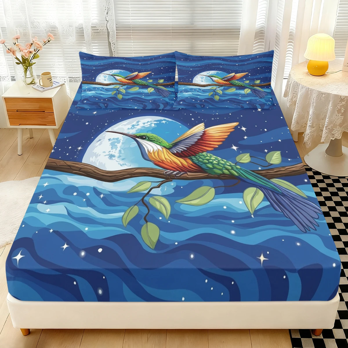 3PCS Night Sky Hummingbird Fitted Sheet Set, Elastic Mattress Cover with Pillowcases, Moon & Star Bedding for Bedroom Decor
3PCS Night Sky Hummingbird Fitted Sheet Set, Elastic Mattress Cover with Pillowcases, Moon & Star Bedding for Bedroom Decor
