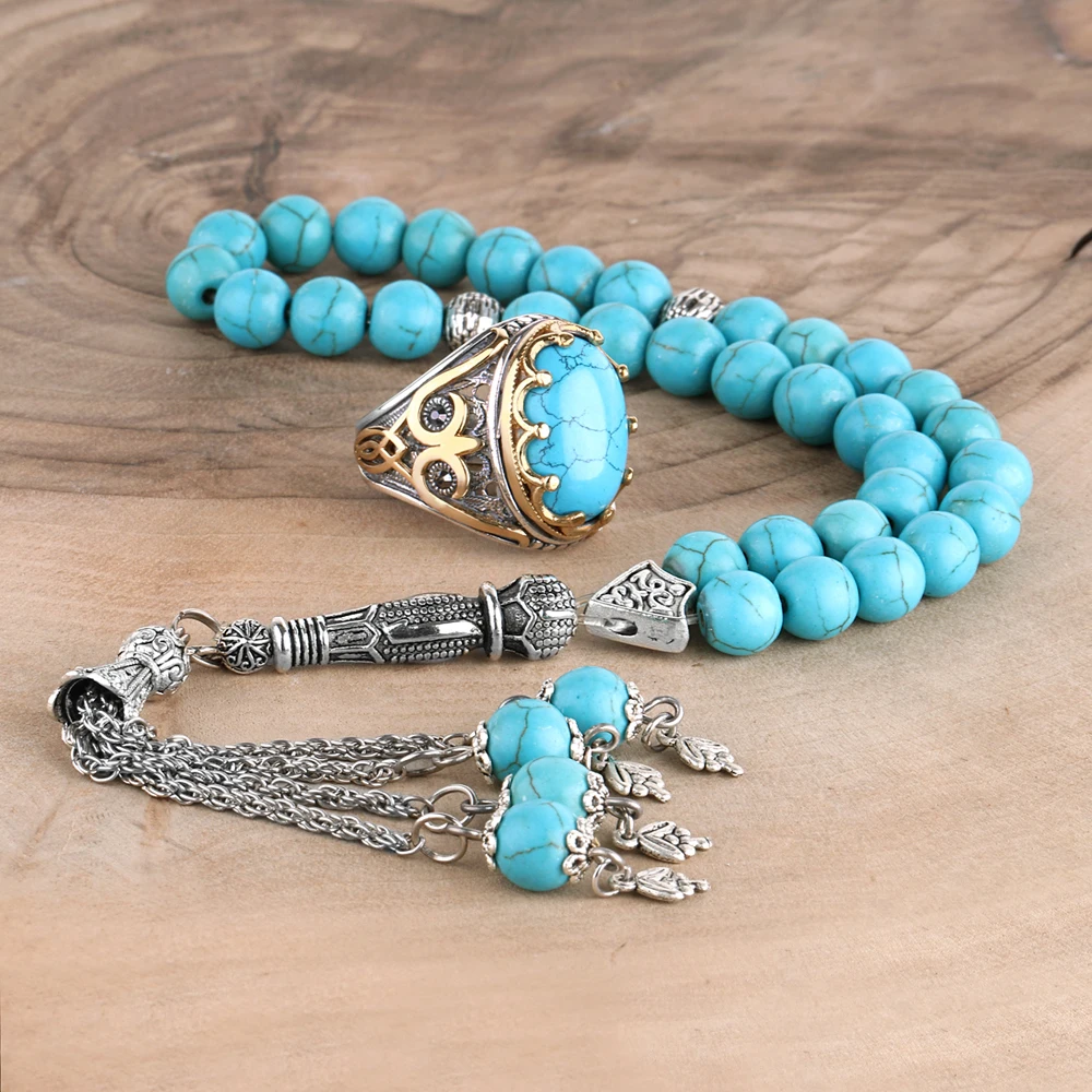 Natural Turquoise Stone Tasbih Mens Jewelry Sets with 925 Sterling Silver Men Rings Jewelry
Natural Turquoise Stone Tasbih Mens Jewelry Sets with 925 Sterling Silver Men Rings Jewelry