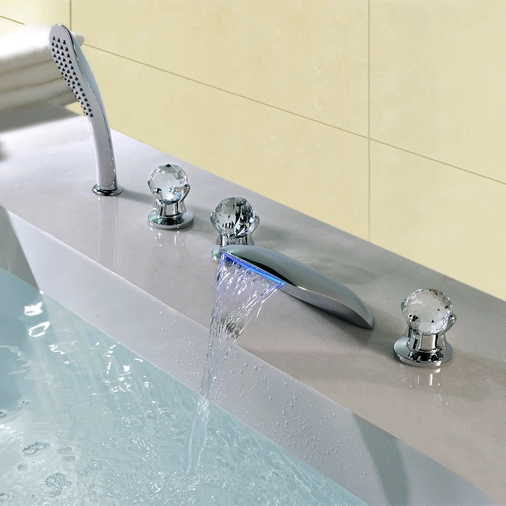 MTTUZK Crystal handle Bathtub Waterfall Faucet Bath Tub Mixer with Hand Shower 3 handle 5 hole Tub Faucet With LED
MTTUZK Crystal handle Bathtub Waterfall Faucet Bath Tub Mixer with Hand Shower 3 handle 5 hole Tub Faucet With LED