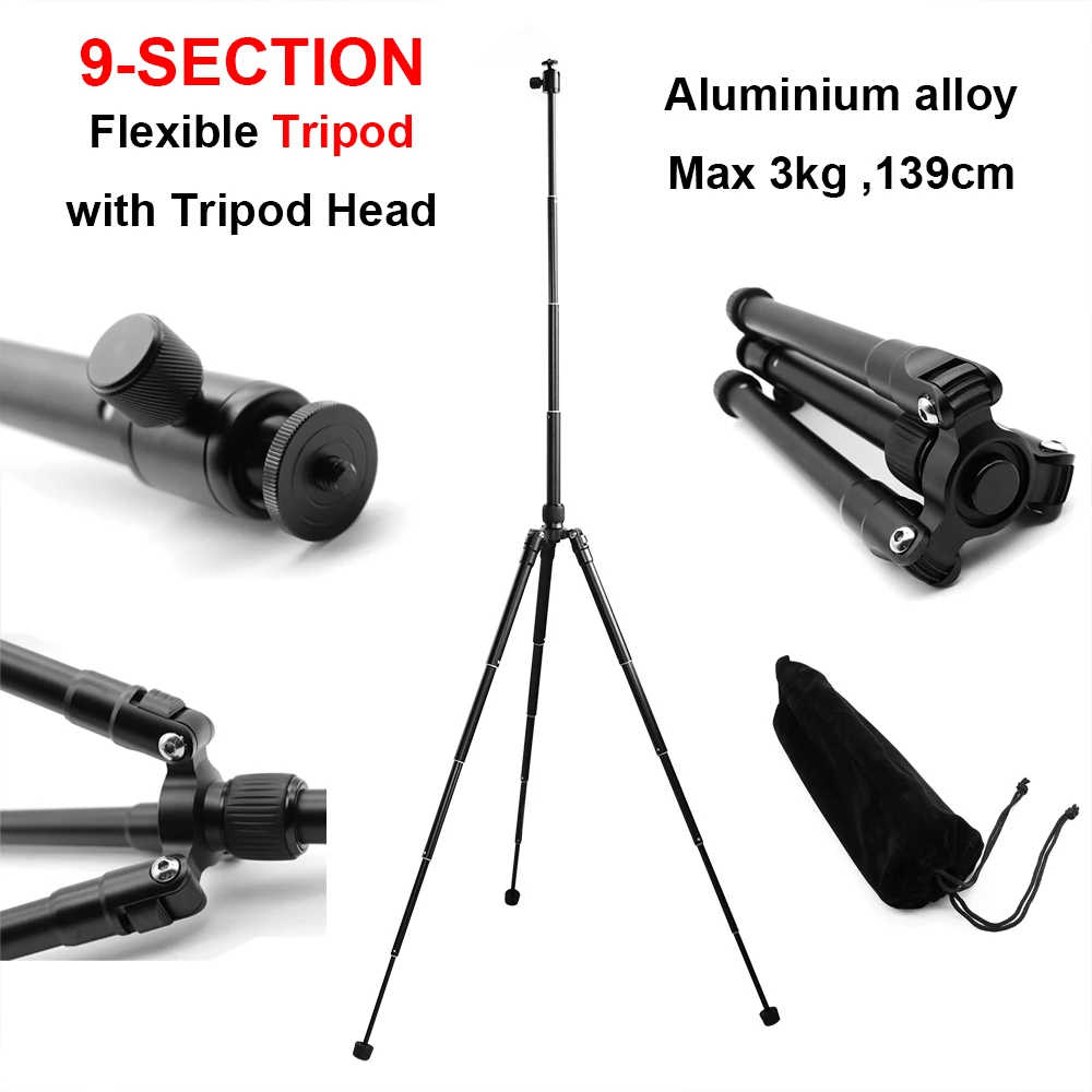 9-SECTION Extendable Flexible Aluminum Alloy Tripod with 360 Degree Ball Head 139cm 740g Maximum Load 3kg for Camera,Smart Phone
9-SECTION Extendable Flexible Aluminum Alloy Tripod with 360 Degree Ball Head 139cm 740g Maximum Load 3kg for Camera,Smart Phone