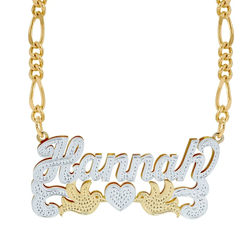 Double Nameplate Necklace Personalized Love Birds and Centered Heart Pendant Gold Plated Figaro Chain Jewelry Gift For Women
Double Nameplate Necklace Personalized Love Birds and Centered Heart Pendant Gold Plated Figaro Chain Jewelry Gift For Women
