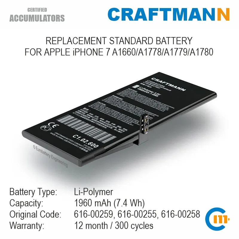 Аккумулятор Craftmann 1960 мАч для APPLE iPHONE 7 A1660/A1778/A1779/A1780 (616-00259/616-00255/616-00258)
Аккумулятор Craftmann 1960 мАч для APPLE iPHONE 7 A1660/A1778/A1779/A1780 (616-00259/616-00255/616-00258)