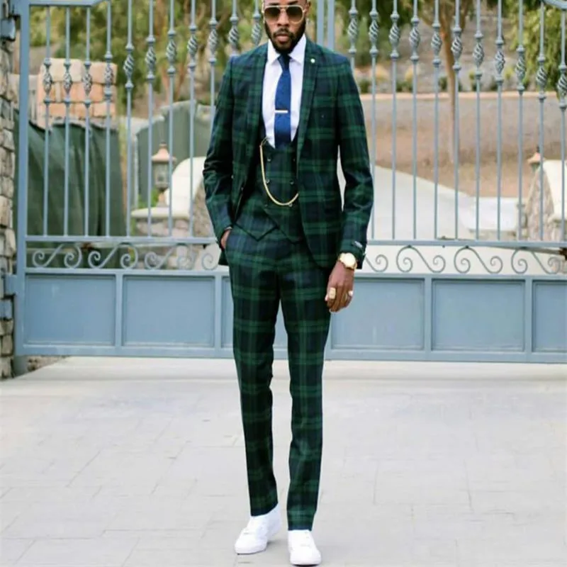 Vintage Three Pieces Mens Suit Jacket Pant Vest Dark Green Plaid Custom Made Formal Suits Wedding Tuxedos Business Groom Wear
Vintage Three Pieces Mens Suit Jacket Pant Vest Dark Green Plaid Custom Made Formal Suits Wedding Tuxedos Business Groom Wear