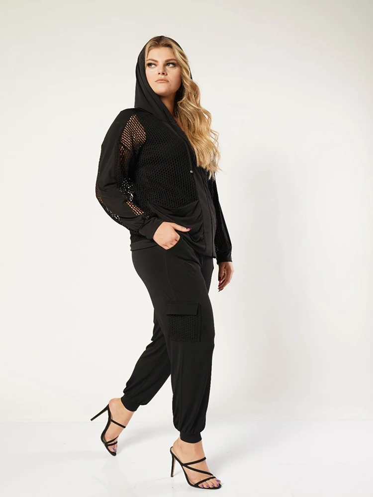 Mesh Sleeve Hooded Zipper Black Color Autumn Knitwear Cardigan Plus Size Outwear For Women 4xl 5xl 6xl New Fashion Casual Style
Mesh Sleeve Hooded Zipper Black Color Autumn Knitwear Cardigan Plus Size Outwear For Women 4xl 5xl 6xl New Fashion Casual Style