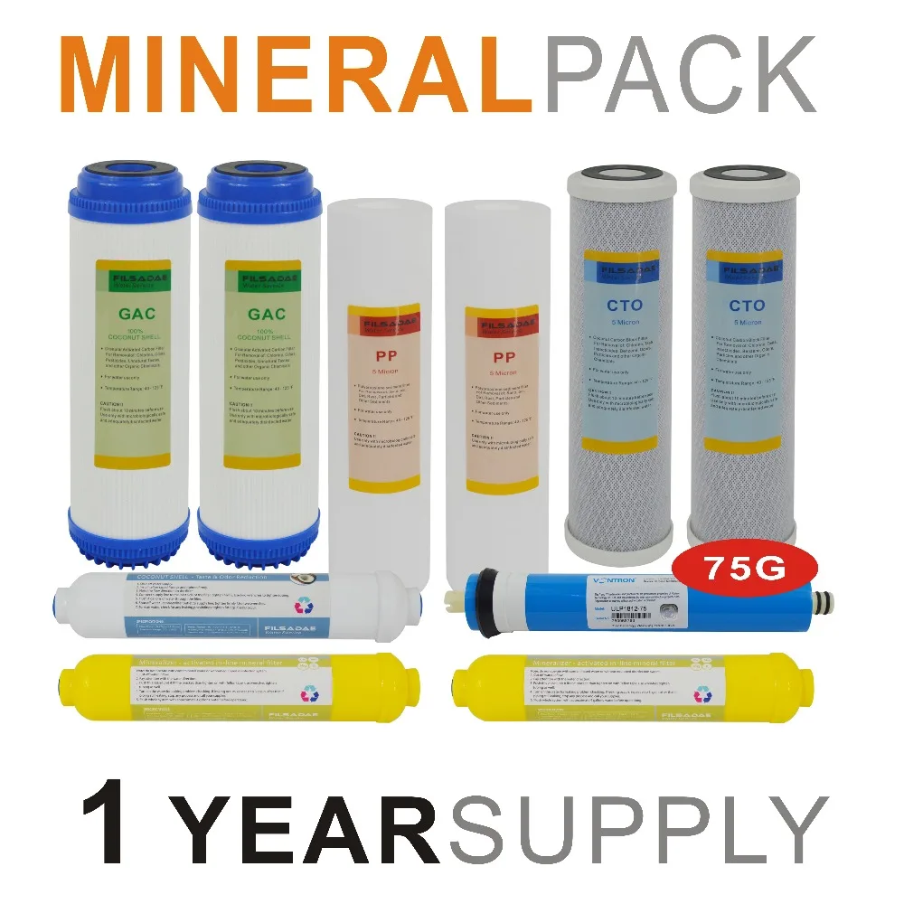 Remineralization Ultraviolet Reverse Osmosis System Replacement Filter Set -11 Filters with 75GPD RO Membrane - 1 Year Supply
Remineralization Ultraviolet Reverse Osmosis System Replacement Filter Set -11 Filters with 75GPD RO Membrane - 1 Year Supply