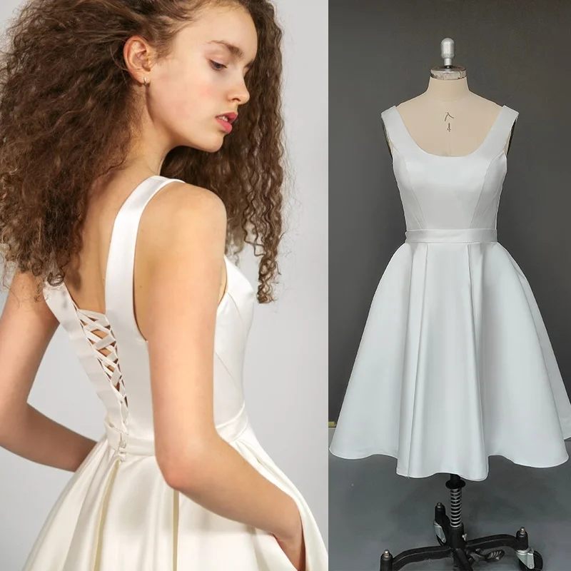 8463#Simple Gorgeous U Neck Mini ABove Knee Length Open Back Corset Soft Satin A-Line Boho Wedding Dress Bridal Gown
8463#Simple Gorgeous U Neck Mini ABove Knee Length Open Back Corset Soft Satin A-Line Boho Wedding Dress Bridal Gown