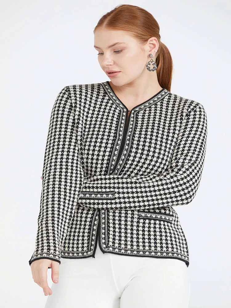 Plaid Pattern Pocketed Black Color Long Sleeve Winter Medium Size Knitwear Jacket New Fashion Office Lady Style Outwear
Plaid Pattern Pocketed Black Color Long Sleeve Winter Medium Size Knitwear Jacket New Fashion Office Lady Style Outwear
