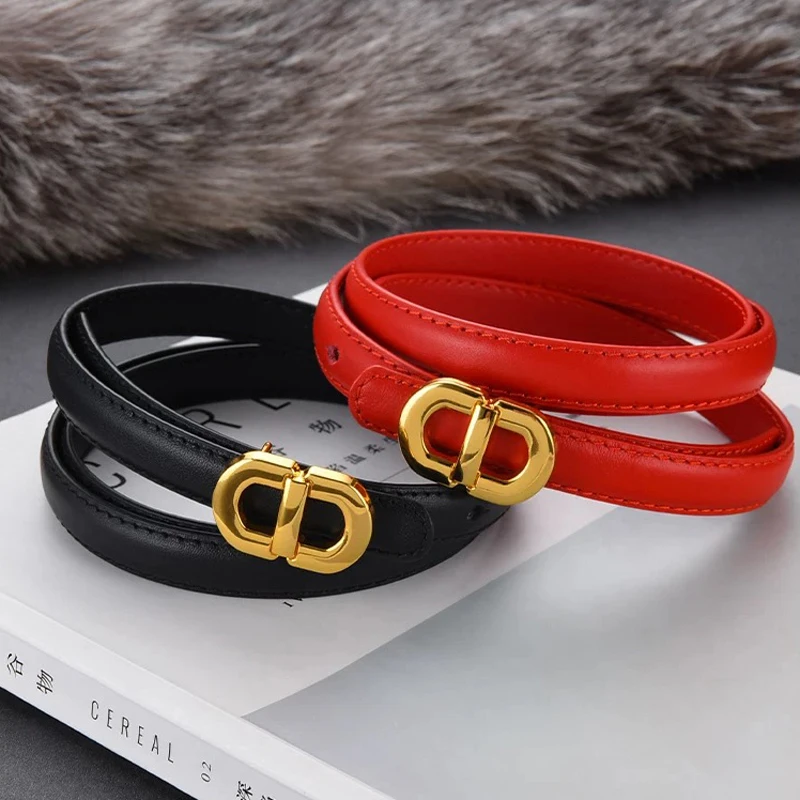 

Women's Fashion Classic Solid Skinny Belt Genuine Leather Thin Belts Gold Buckle Luxury Waistband with Jeans Dress