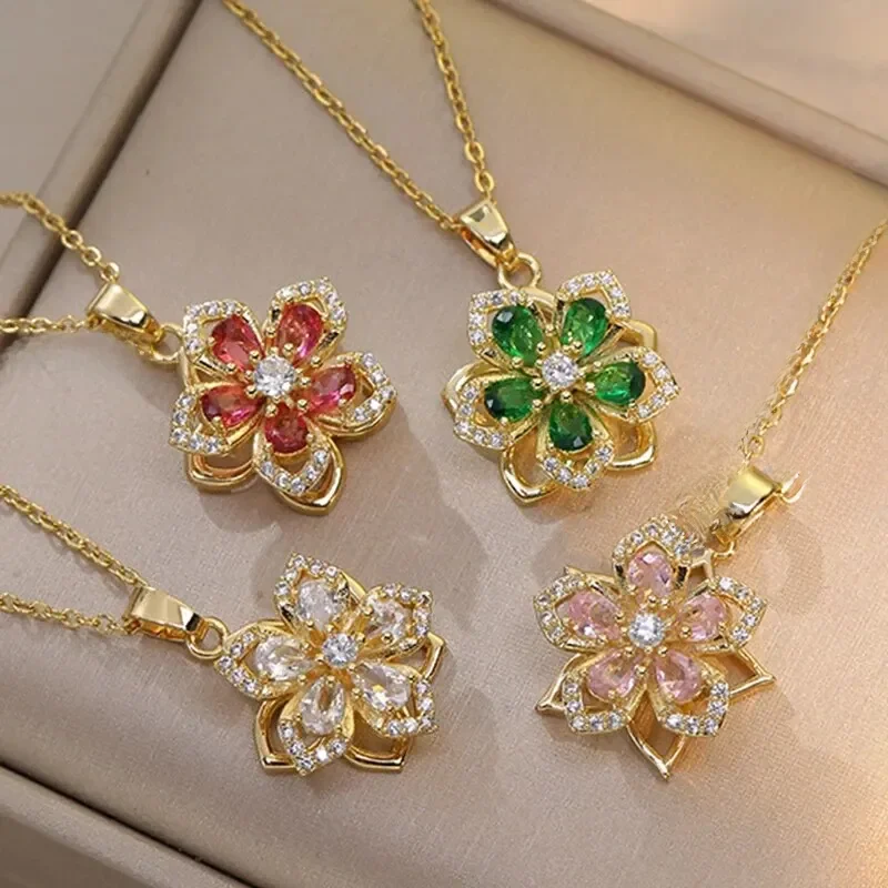 NONE Collier de luxe léger avec pendentif en forme de fleur en Zircon pour femmes, couleur or, chaîne à haut sens, bijoux cadeaux de fête 3