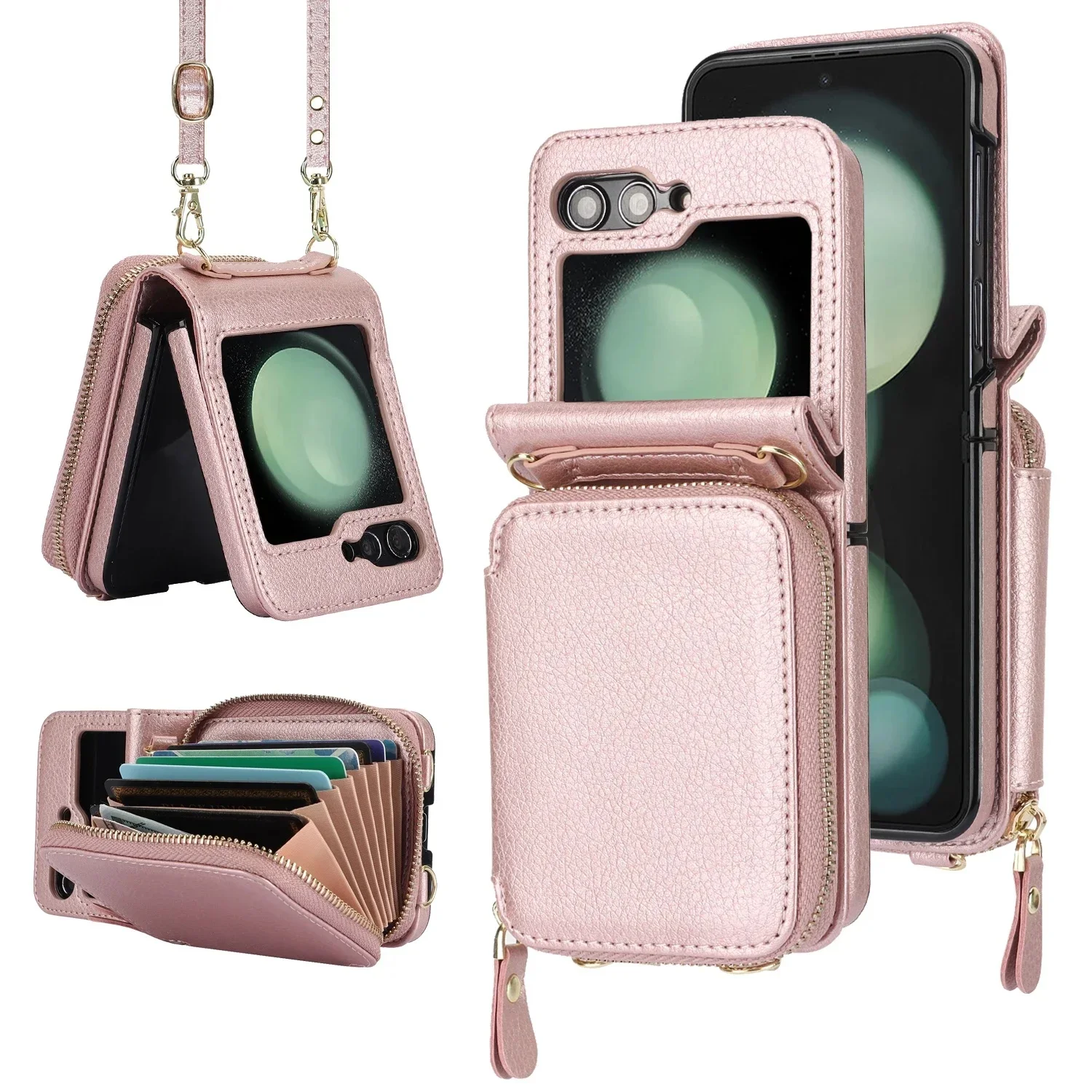 Skórzane etui na karty Crossbody do Samsung Z Flip 7 6 5 4 3 5G Flip7 z zamkiem błyskawicznym, długi smycz, kieszeń RFID — zdjęcie produktu 7