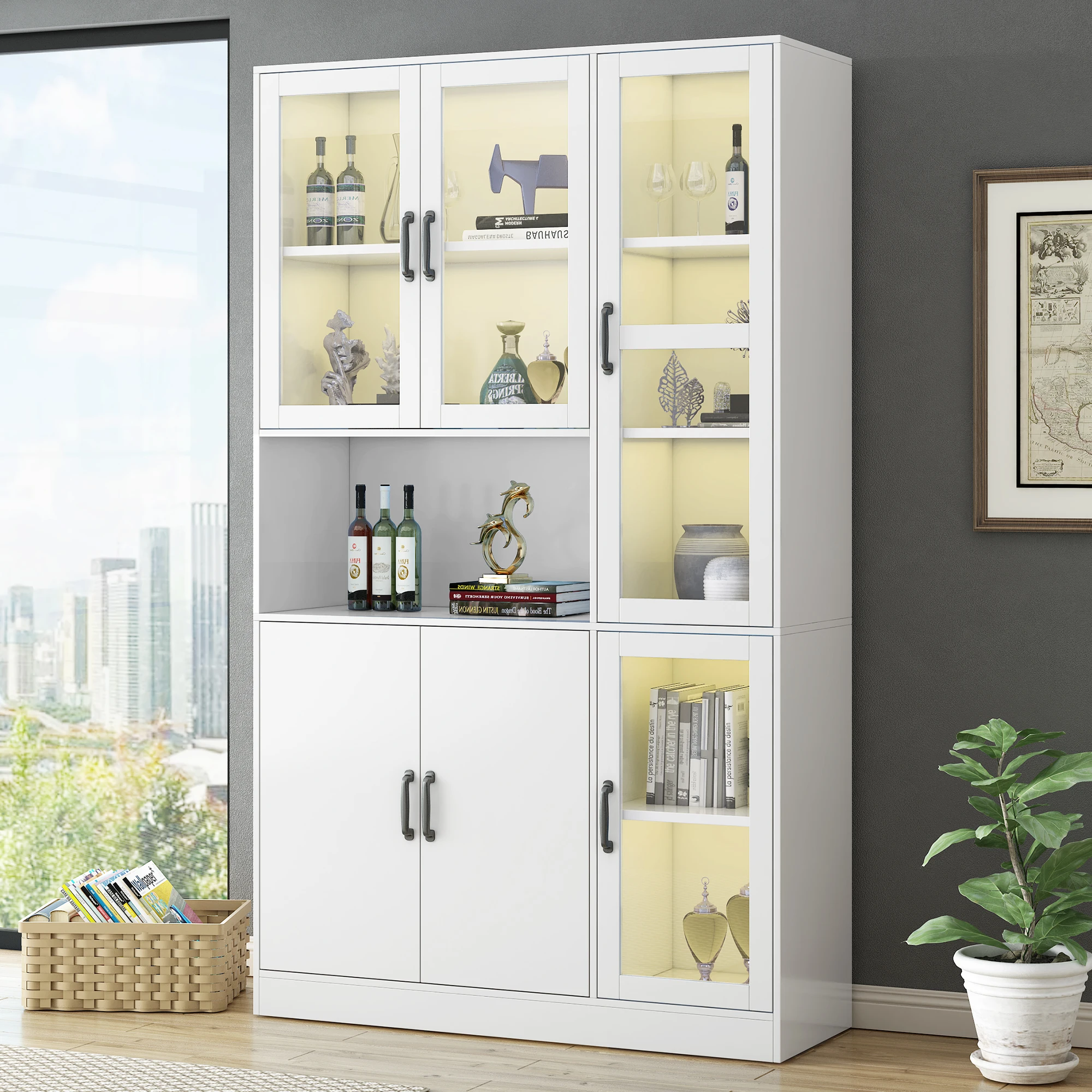 Vitrina blanca, estantería con puertas, estantería vertical para libros, mueble de cocina grande, armario de almacenamiento, estantería de lujo