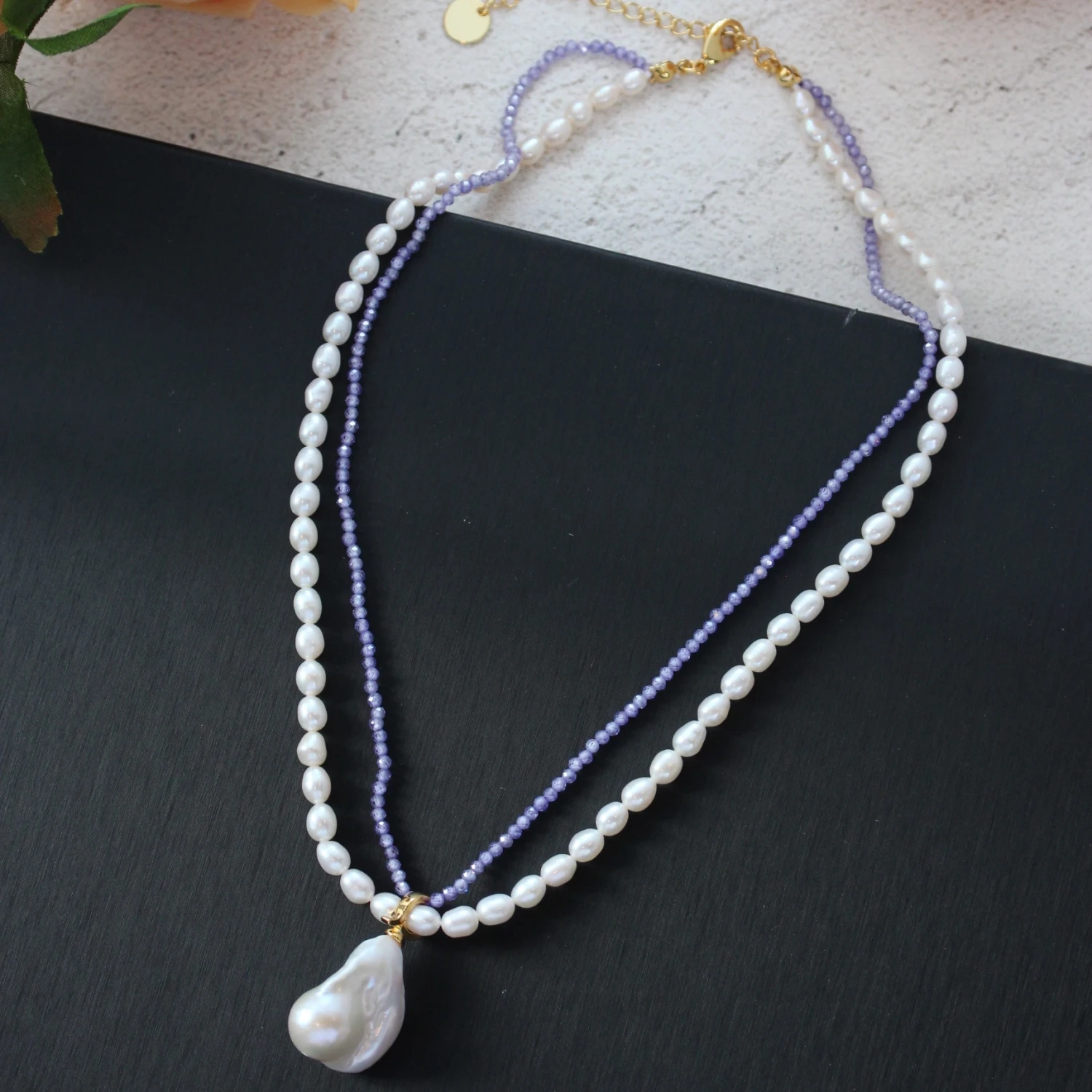 Natural Amethyst & Freshwater Pearl Layered Necklace with Baroque Pearl Pendant 24K Gold Plated Chain Gift for Women