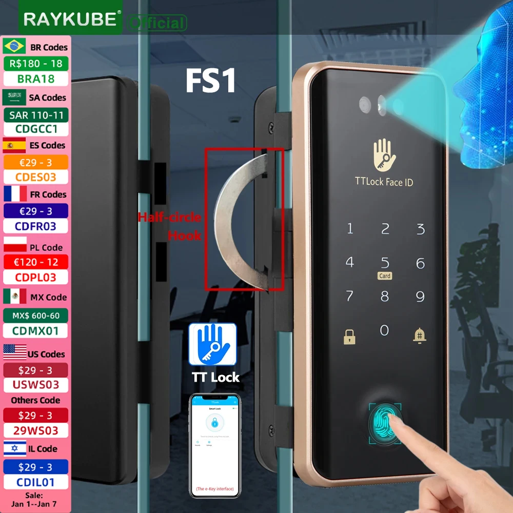 RAYKUBE FS1 TT Lock 3D Face Recognition Smart Lock With Half-circle Hook Biometric Electronic Fingerprint Unlock Glass Door Lock