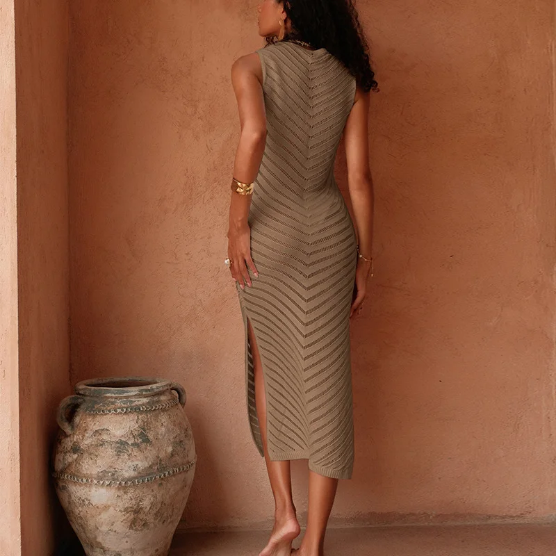 Robe de plage longue en tricot transparent pour femmes, sans manches, Slim, fente latérale, Crochet, Cover-Up pour Bikini, Sexy, maillot de bain transparent, été