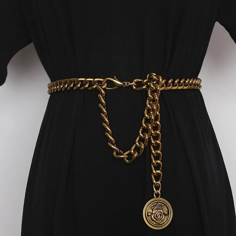 2021 Vintage Bronze Alloy talia Chain dla kobiet regulowany szeroki łańcuch w pasie z napisem panie Eurpoean metalowy pas biodrowy — zdjęcie 2