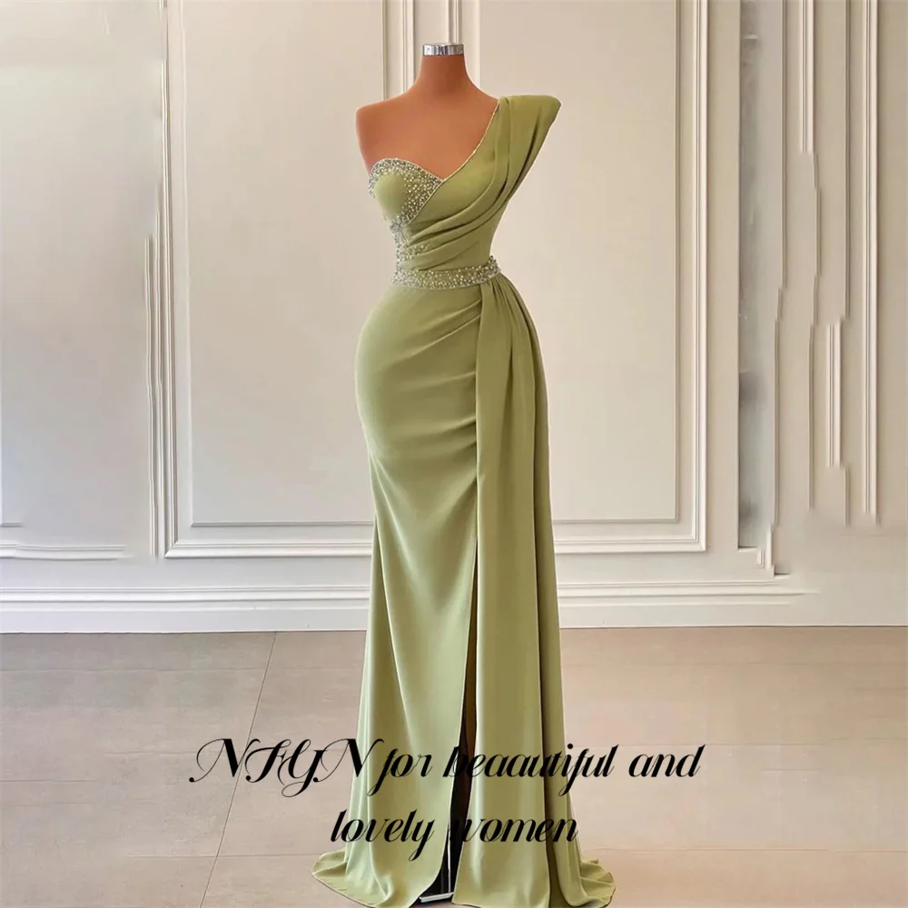 

NFYN Sage Green Stain Prom Dresses Shining Pleat One Shoulder vestidos de noche Mermaid Evening Dress Gown with Split Customized